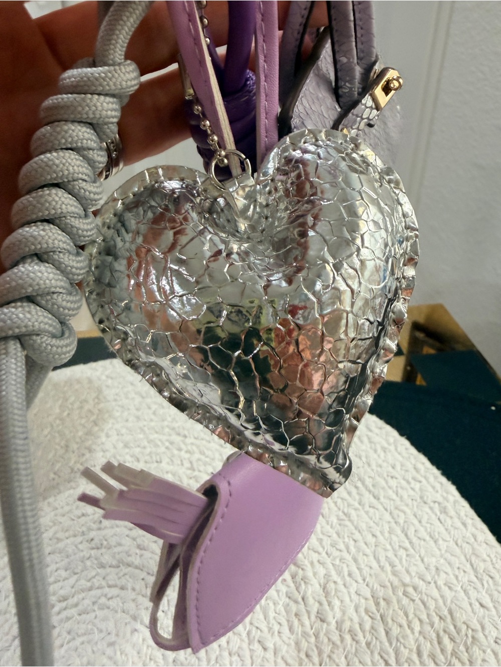 Mini Purple fashion Bag & Studded Pony Charm Set with Silver Puffy Heart Charm - Picture 7 of 8